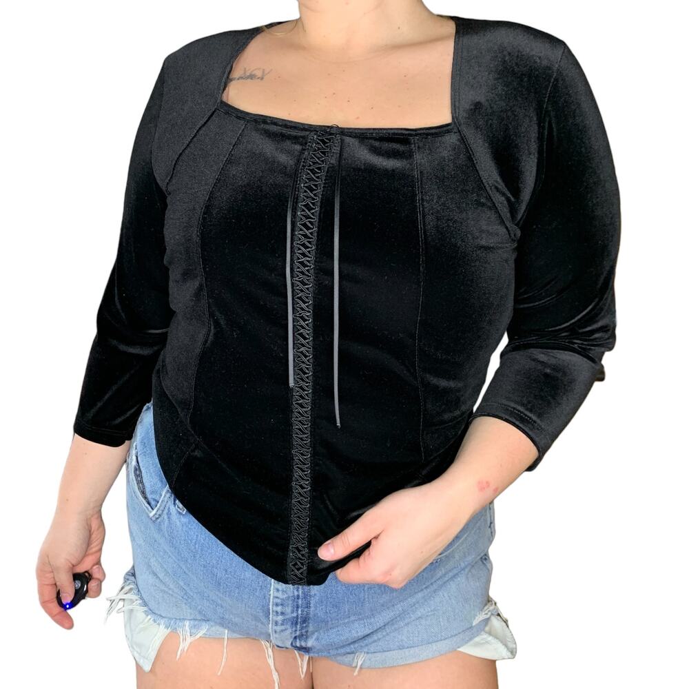 Gothic Velvet Dark Fairy Lace Up Black Blouse Top Square Neckline Size XL